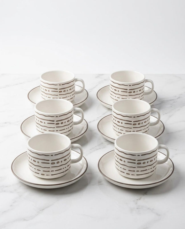 Serrana Glass Dashed Stripe Ceramic Tea Cup Set 6pc — white ceramic with geometric dash print and saucer