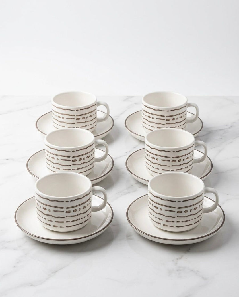 Serrana Glass Dashed Stripe Ceramic Tea Cup Set 6pc — white ceramic with geometric dash print and saucer
