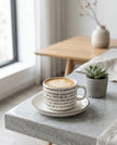 Serrana Glass Dashed Stripe Ceramic Tea Cup Set 6pc — white ceramic with geometric dash print and saucer