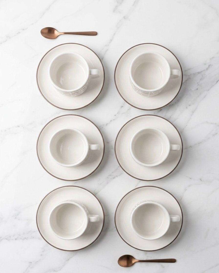 Serrana Glass Dashed Stripe Ceramic Tea Cup Set 6pc — white ceramic with geometric dash print and saucer
