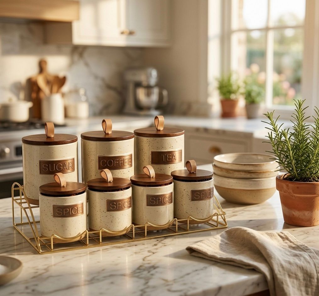Serrana Glass Rustic Speckled Ceramic Canister Set 7pc — speckled cream ceramic with wooden lids and gold rack