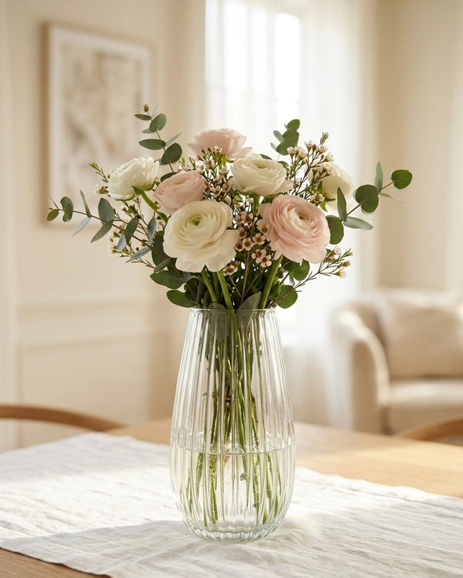 Serrana Glass Celestia Fluted Glass Vase 26cm — precision vertically ribbed clear glass for statement blooms and branches