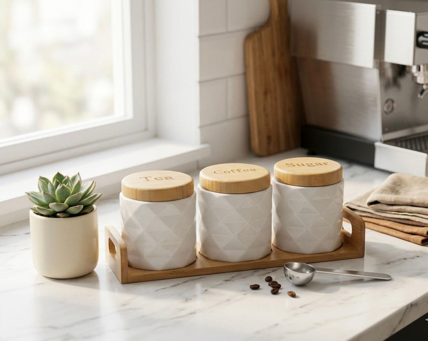 Serrana Glass Diamond Quilted Ceramic Canister Set of 3 — diamond quilted white ceramic with laser-engraved bamboo lids