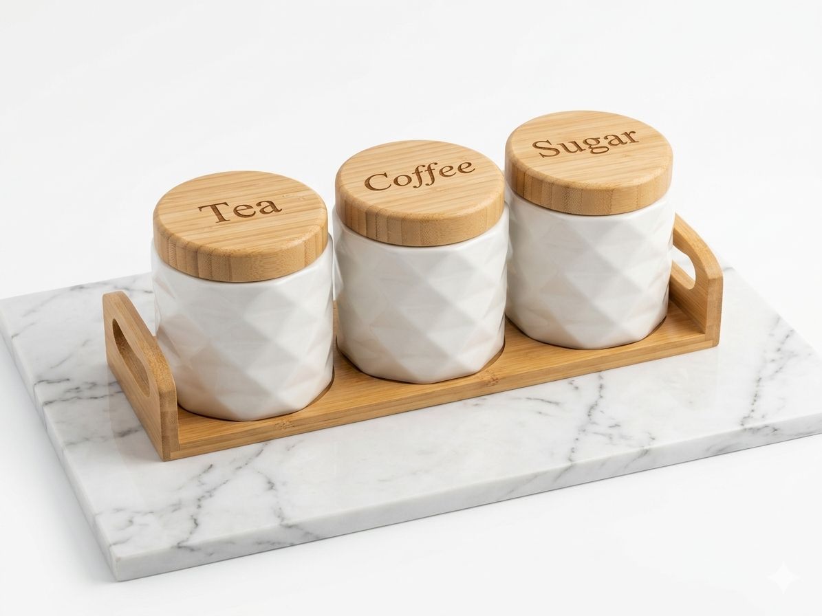 Serrana Glass Diamond Quilted Ceramic Canister Set of 3 — diamond quilted white ceramic with laser-engraved bamboo lids