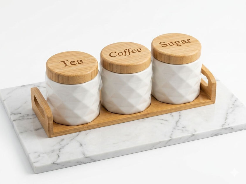 Serrana Glass Diamond Quilted Ceramic Canister Set of 3 — diamond quilted white ceramic with laser-engraved bamboo lids