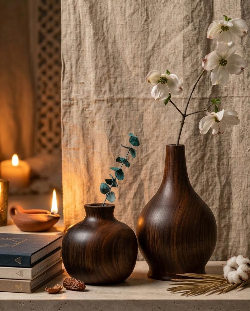 Set of two handcrafted Sidr wood vases — 35cm and 20cm, rich dark grain and natural warmth