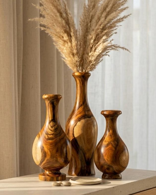 Handcrafted خشب السرسوع Sidr wood vase set — natural finish artisan home décor