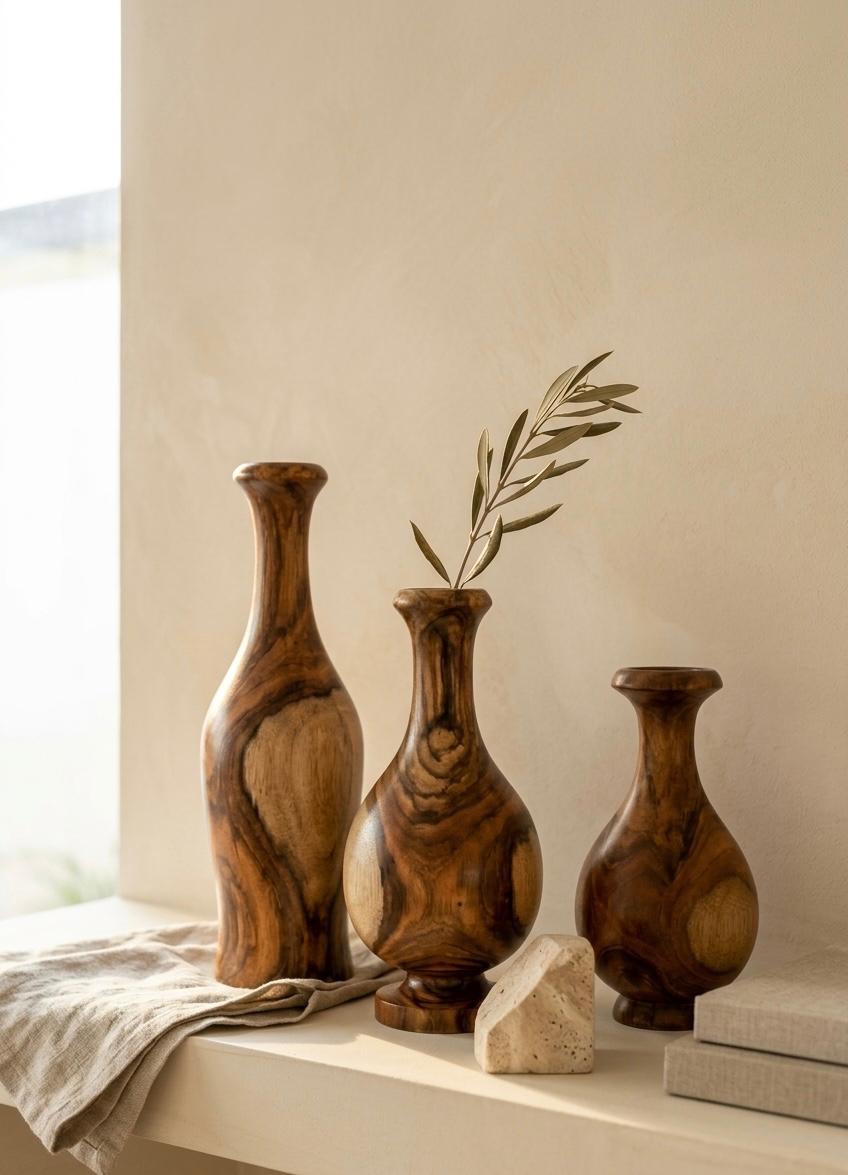 Close-up detail of hand-turned Sidr wood grain texture on artisan vase