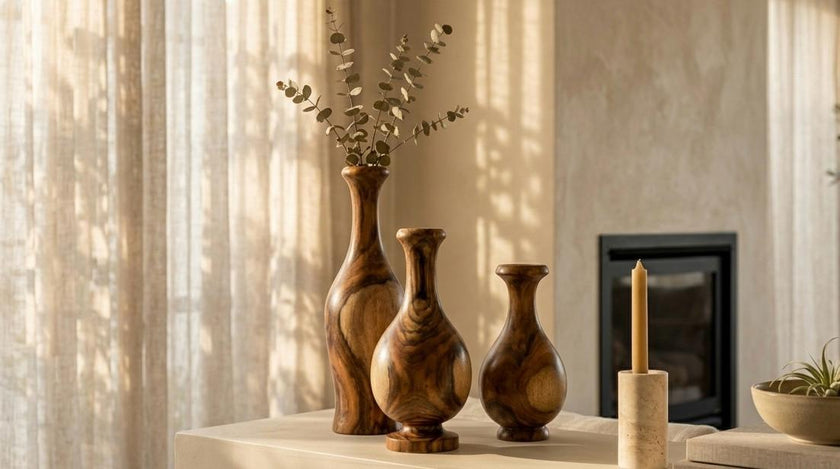 Set of three handcrafted Sidr wood vases — front view showing rich swirling grain