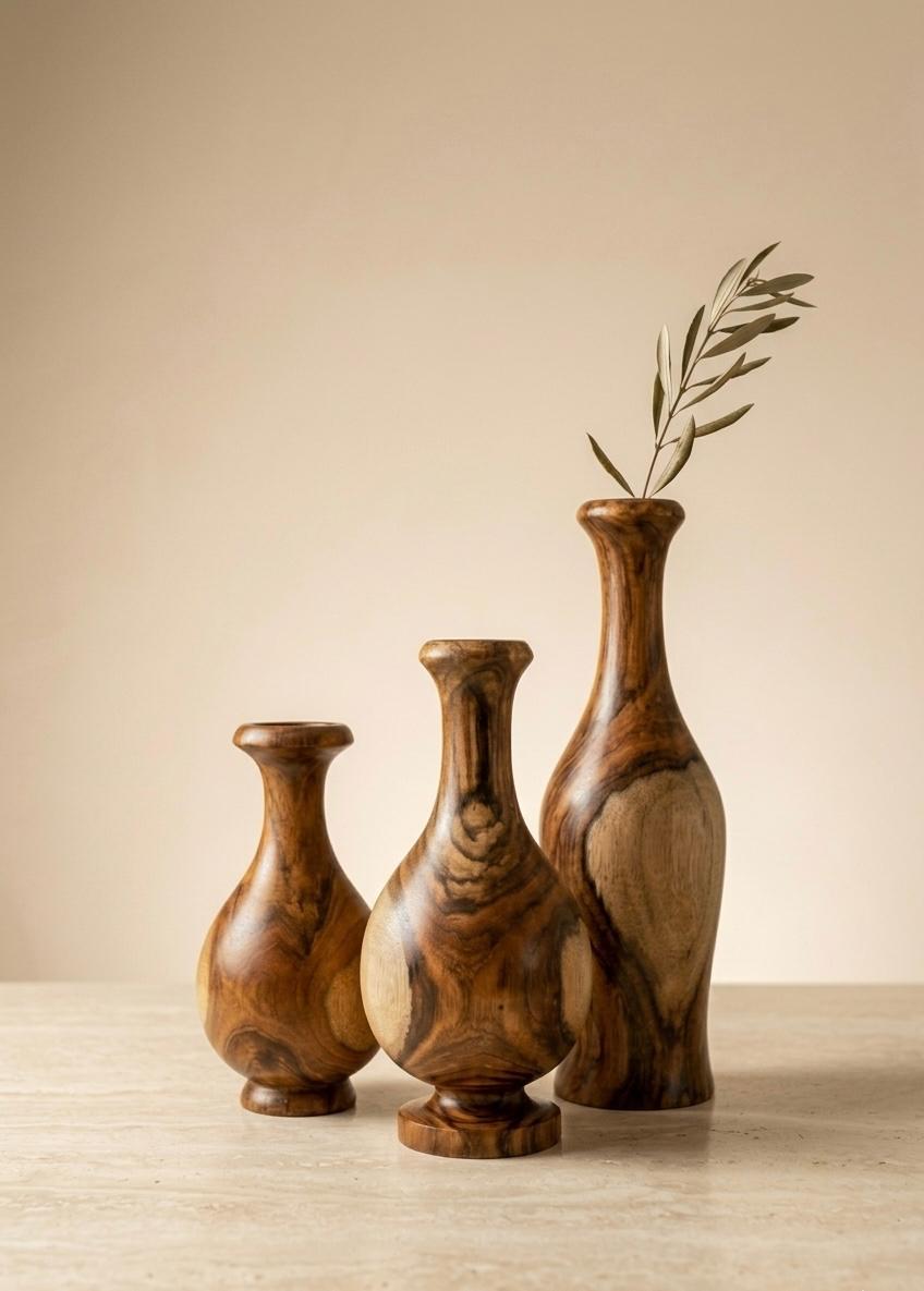 Sidr wood vase trio in graduated heights — 40cm, 35cm, and 30cm handcrafted set