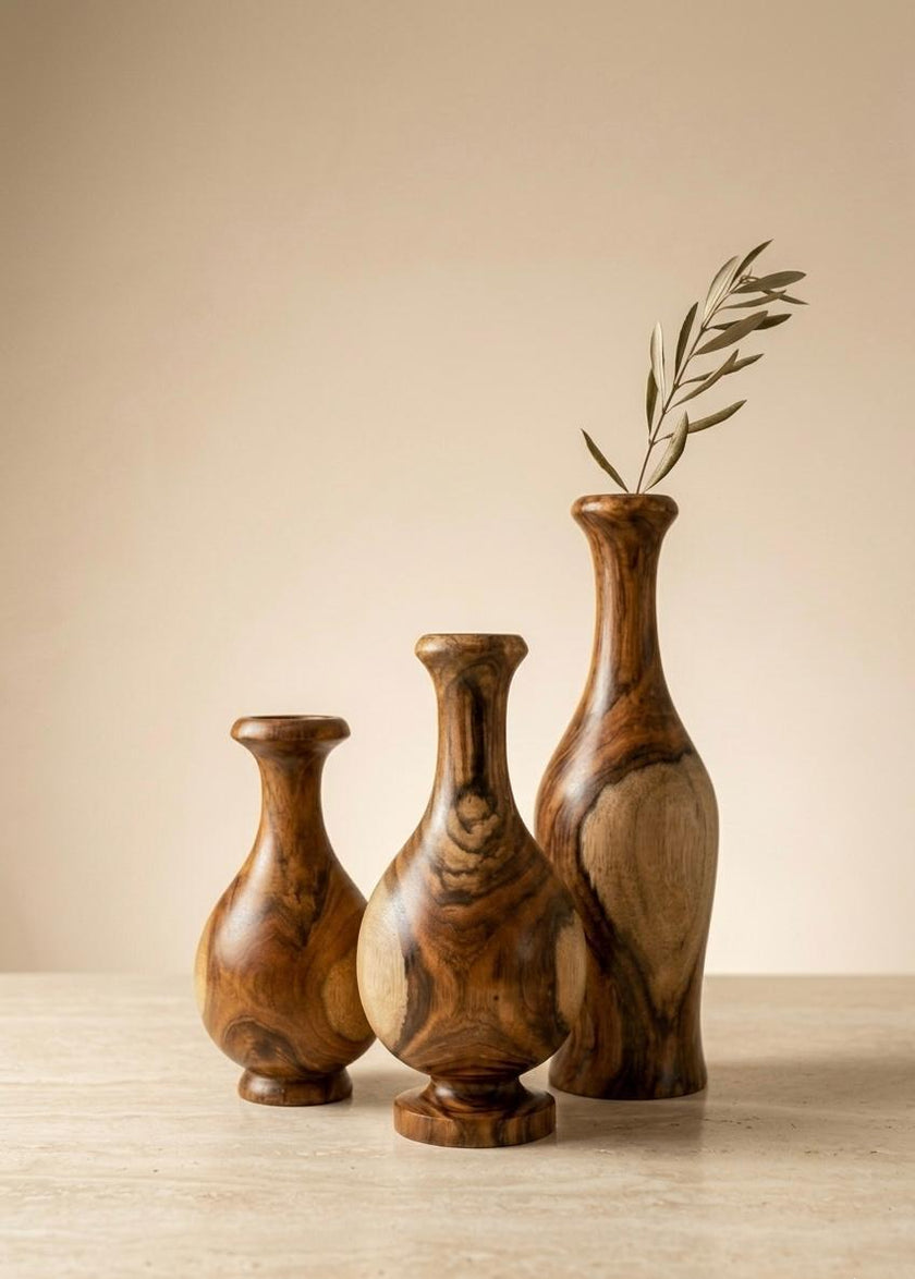 Sidr wood vase trio in graduated heights — 40cm, 35cm, and 30cm handcrafted set