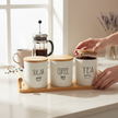 Serrana Glass Ondina Ceramic Coffee Tea Sugar Jar Set — speckled ceramic jars with wooden lids and tray