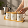 Serrana Glass Ondina Ceramic Coffee Tea Sugar Jar Set — speckled ceramic jars with wooden lids and tray