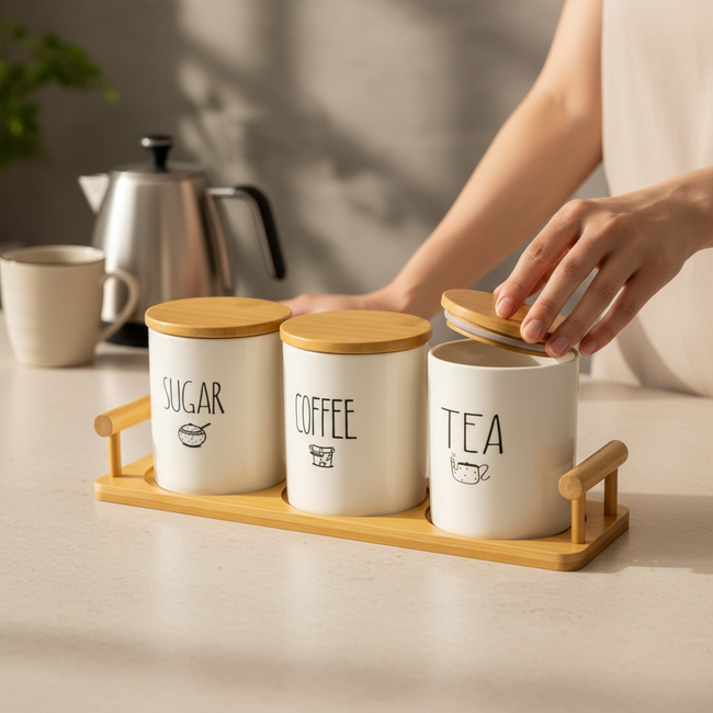 Serrana Glass Ondina Ceramic Coffee Tea Sugar Jar Set — speckled ceramic jars with wooden lids and tray