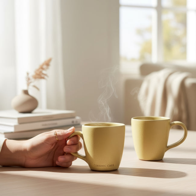 Serrana Glass Sunny Yellow Ceramic Mug Set of 2 — matte mustard yellow speckled stoneware mug for coffee and tea