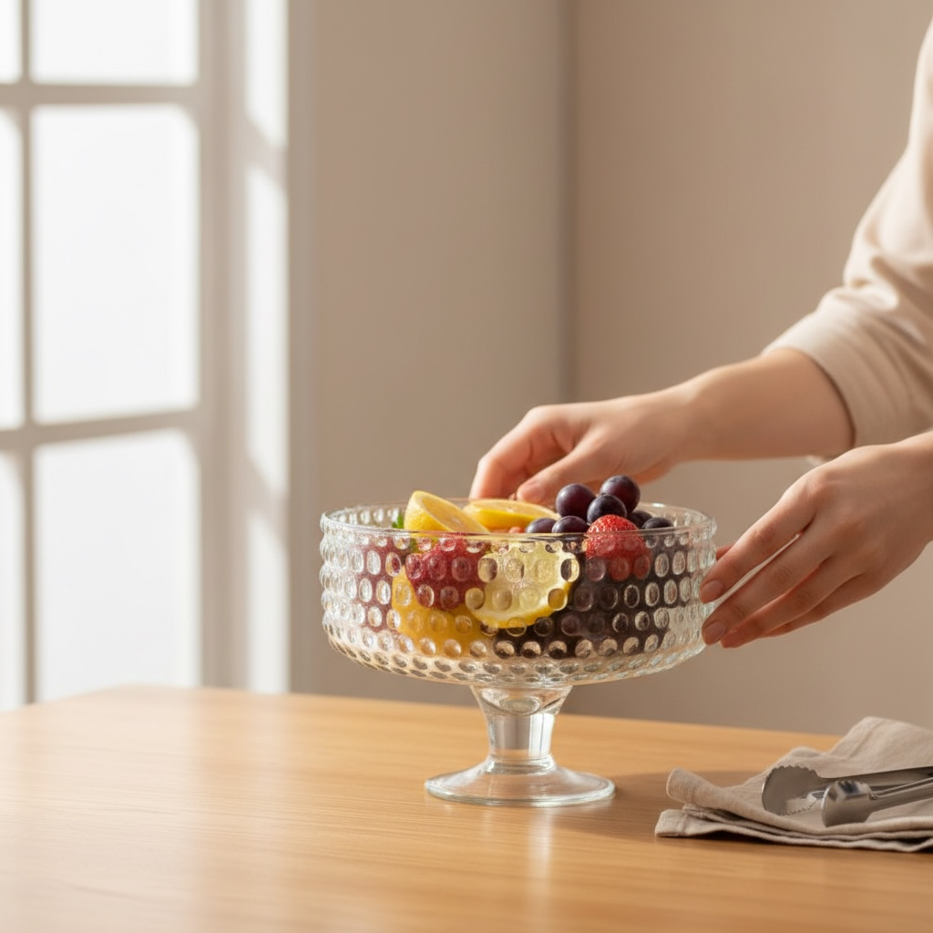 Serrana Glass Bubbly plate 24cm — footed bubble-textured clear glass plate, 24cm, for desserts fruits and pastries