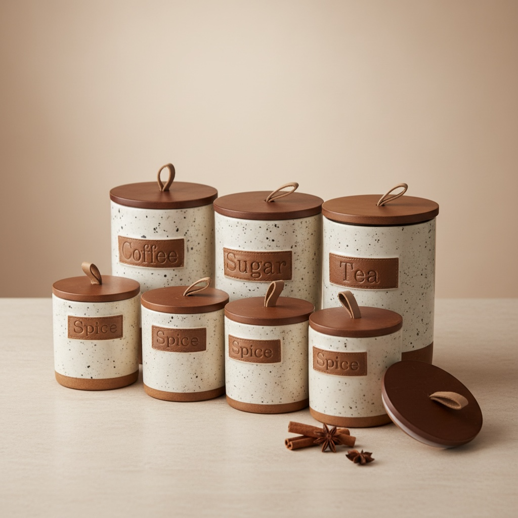 Serrana Glass Elegant Kitchen Set 7-Piece Porcelain — speckled beige porcelain canisters with wooden loop-handle lids