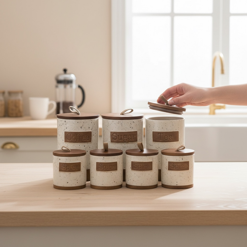 Serrana Glass Elegant Kitchen Set 7-Piece Porcelain — speckled beige porcelain canisters with wooden loop-handle lids