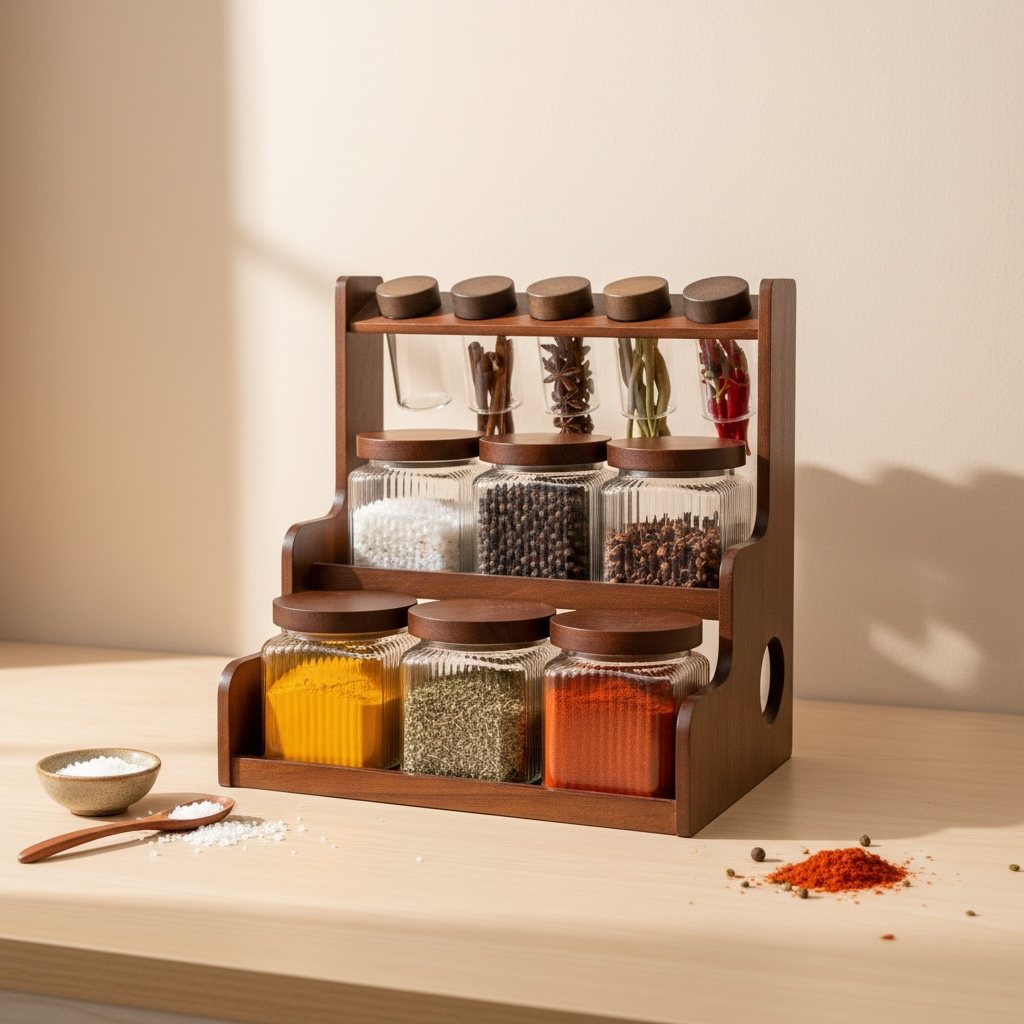 Serrana Glass Artisan Tiered Glass Spice Gallery 12pcs — tiered wood and fluted glass jars for spices seeds and powders
