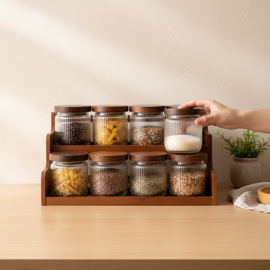 Serrana Glass Artisan Flute Two-Tier Glass Pantry Set — ribbed borosilicate jars with wooden lids on two-tier rack