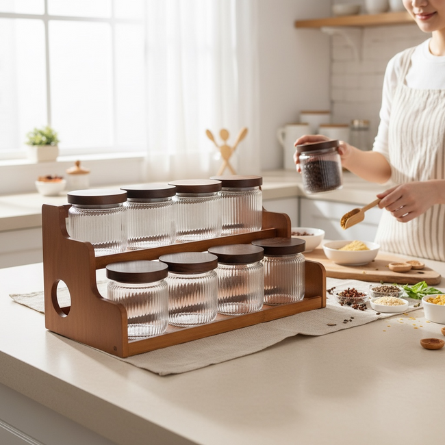 Serrana Glass Artisan Flute Two-Tier Glass Pantry Set — ribbed borosilicate jars with wooden lids on two-tier rack