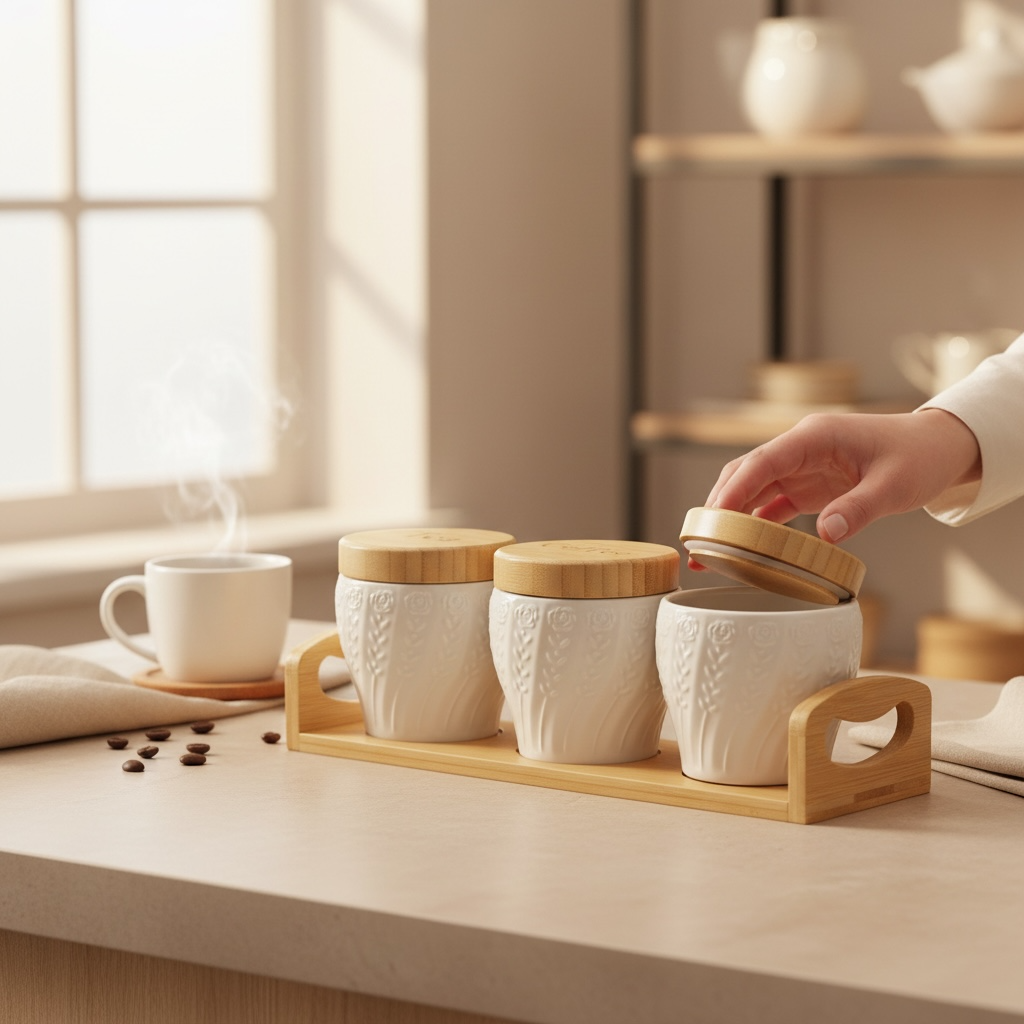 Serrana Glass The Rose Morning Set 3pcs — floral-embossed ceramic canisters with bamboo accents for coffee station