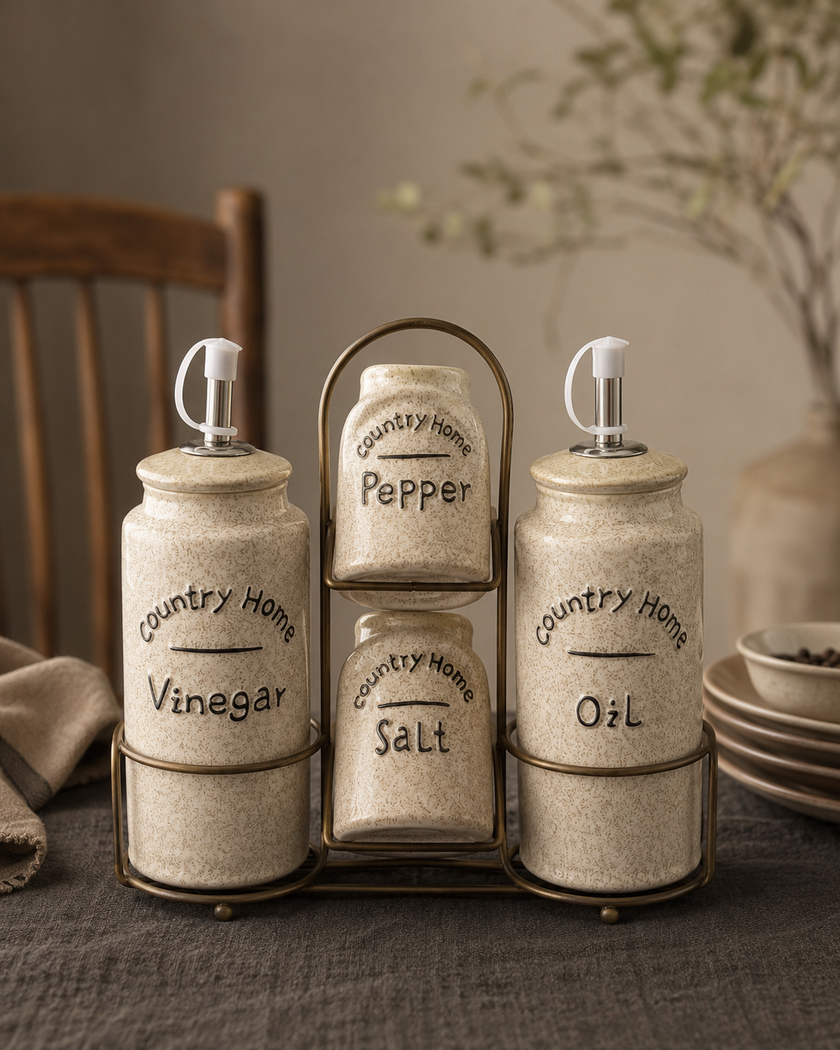 Rustic Ceramic Condiment Caddy Set – Oil, Vinegar, Salt & Pepper