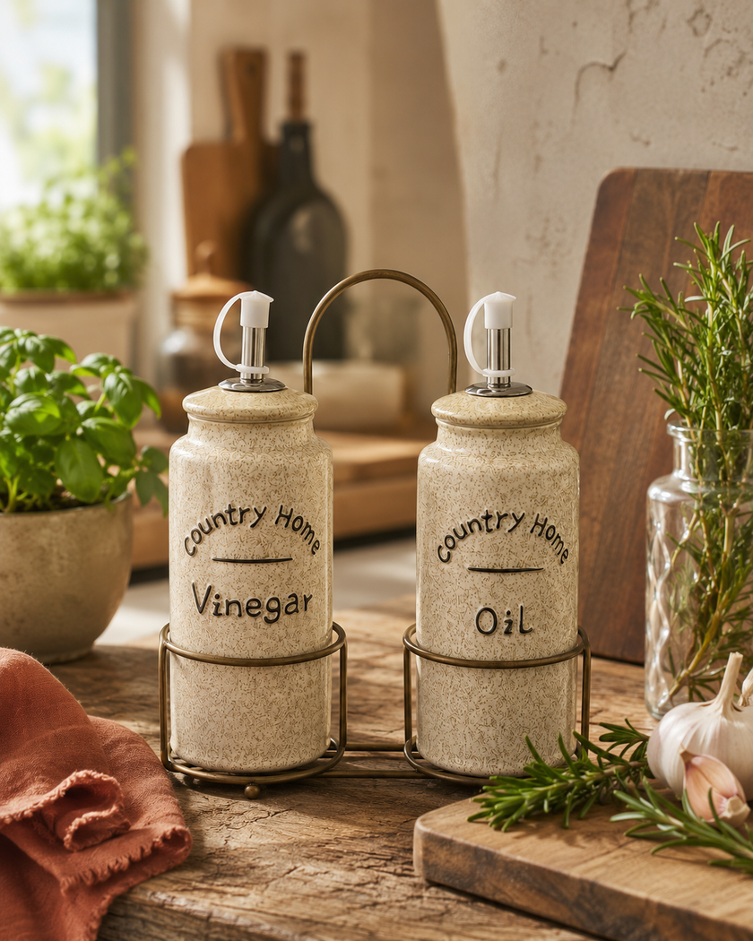 Rustic Ceramic Condiment Caddy Set – Oil, Vinegar, Salt & Pepper