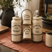 Rustic Ceramic Condiment Caddy Set – Oil, Vinegar, Salt & Pepper