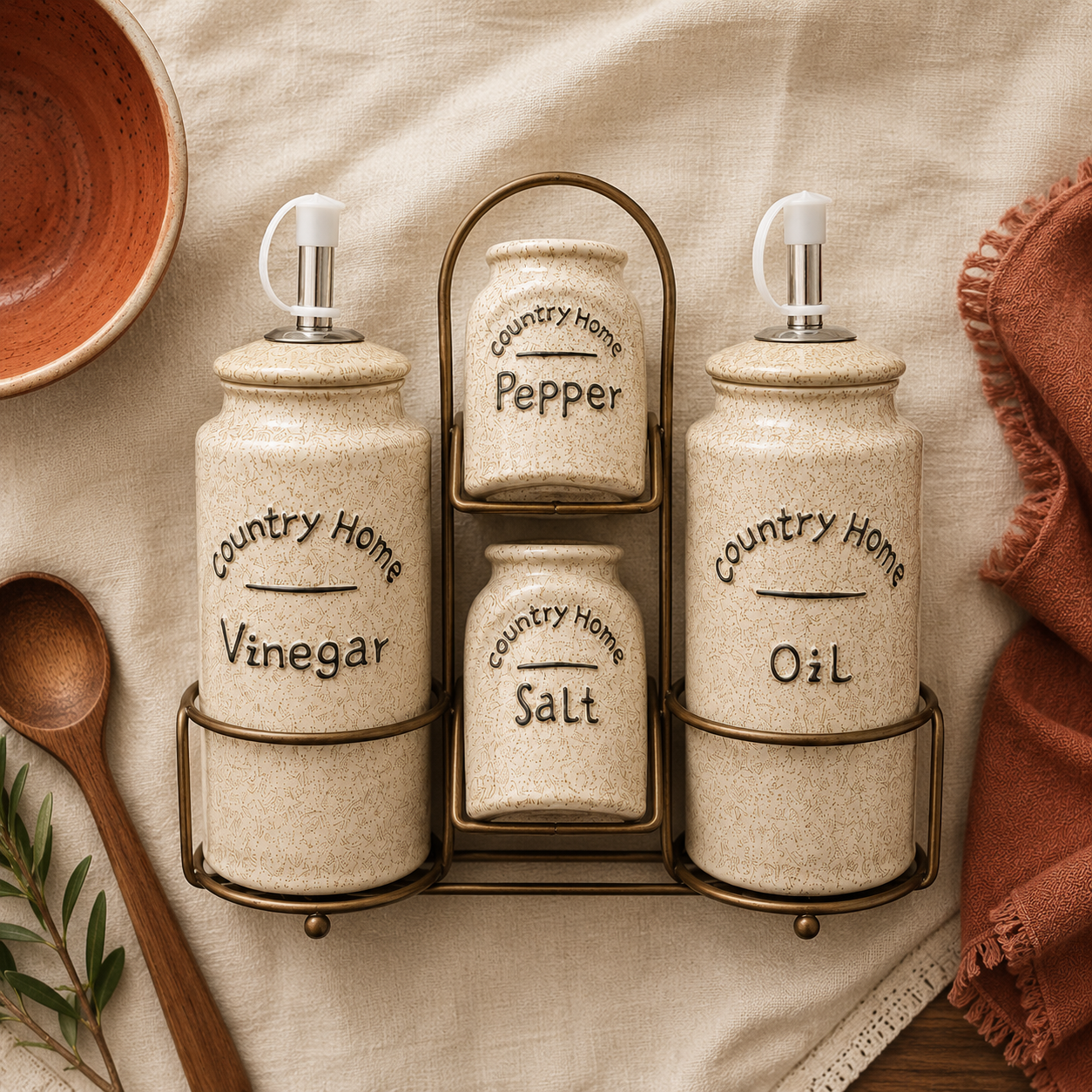 Rustic Ceramic Condiment Caddy Set – Oil, Vinegar, Salt & Pepper