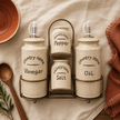Rustic Ceramic Condiment Caddy Set – Oil, Vinegar, Salt & Pepper