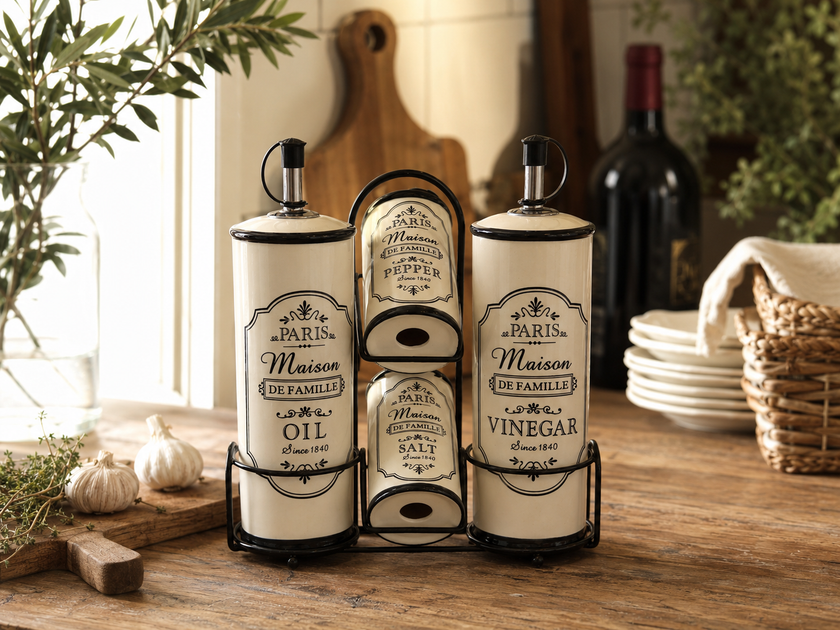 Ada Ceramic Condiment Caddy Set – Oil, Vinegar, Salt & Pepper