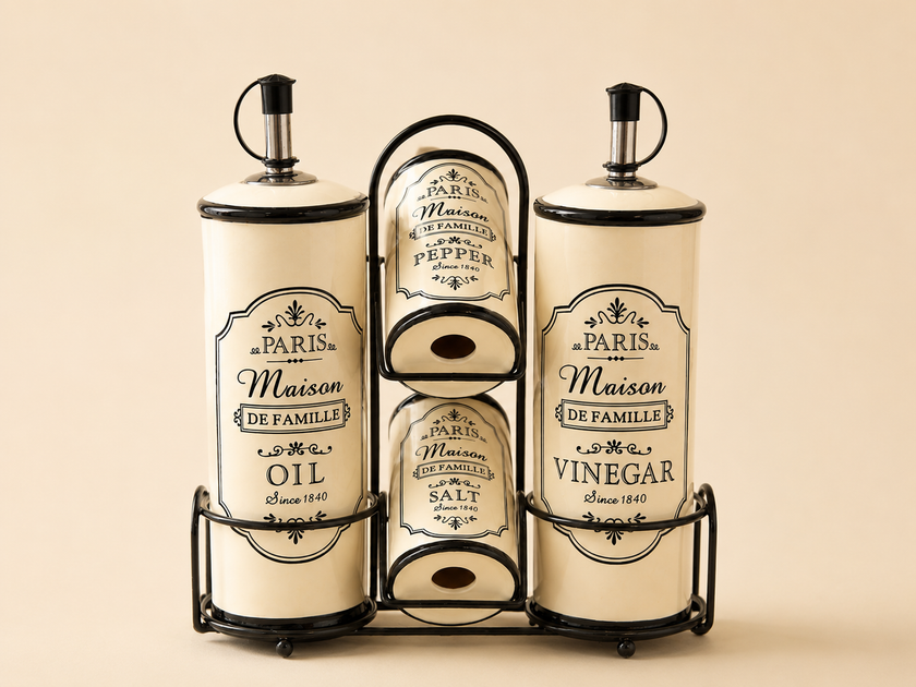 Ada Ceramic Condiment Caddy Set – Oil, Vinegar, Salt & Pepper