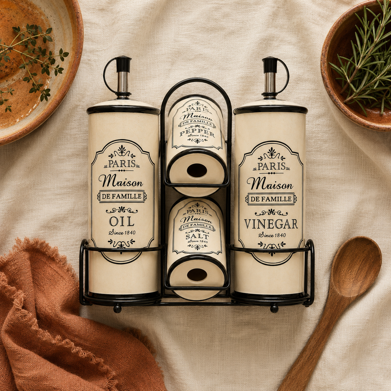 Ada Ceramic Condiment Caddy Set – Oil, Vinegar, Salt & Pepper