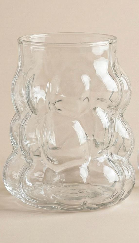Serrana Glass Bubbly tumbler 350ml — rounded playful clear glass, 350ml 9cm, for water juice and iced drinks
