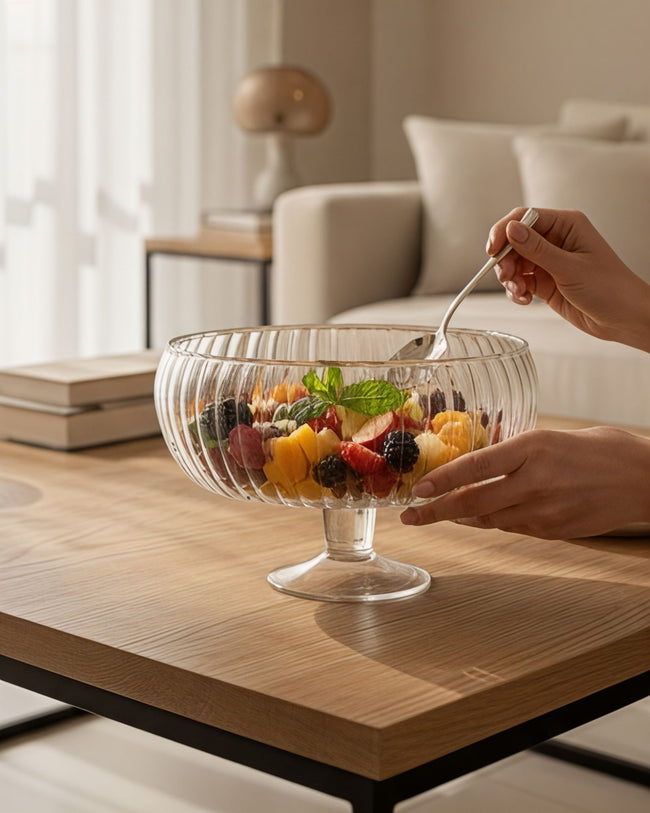 Serrana Glass Sofia plate 24cm — vertically ribbed glass with raised base, 24cm, for desserts fruits and salads