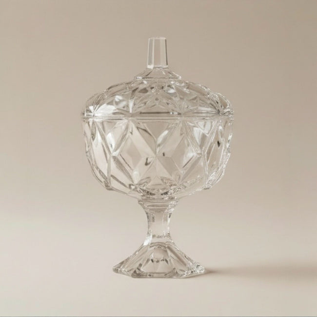 Serrana Glass Rock candy bowl — faceted crystal with lid for serving sweets and candy display