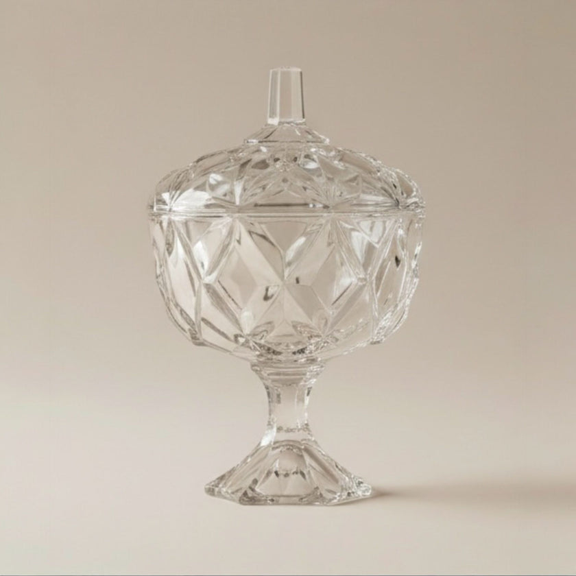 Serrana Glass Rock candy bowl — faceted crystal with lid for serving sweets and candy display