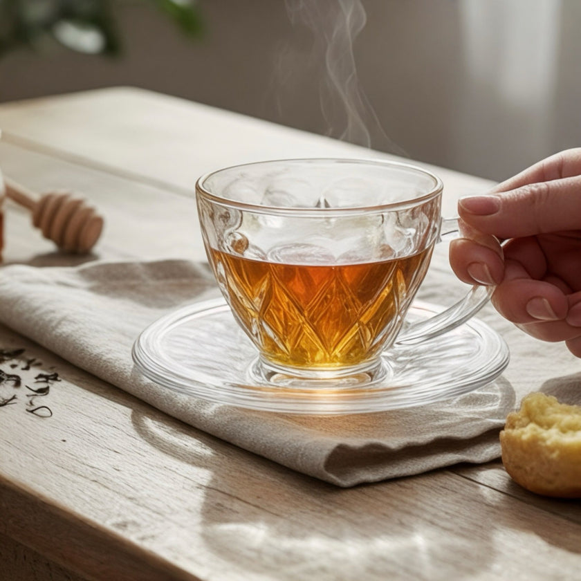 Serrana Glass Orchid tea/coffee set — crystal cup and saucer, 225ml 6 sets, for tea and coffee