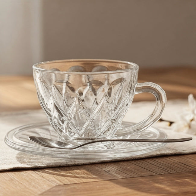 Serrana Glass Orchid tea/coffee set — crystal cup and saucer, 225ml 6 sets, for tea and coffee