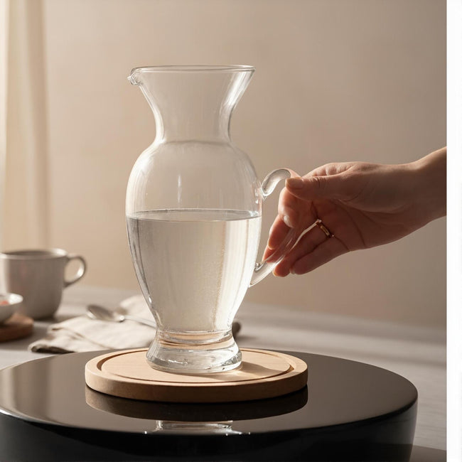 Serrana Glass JUG AYLEN — ribbed glass carafe with handle, fluted texture slim neck, for juice water and milk