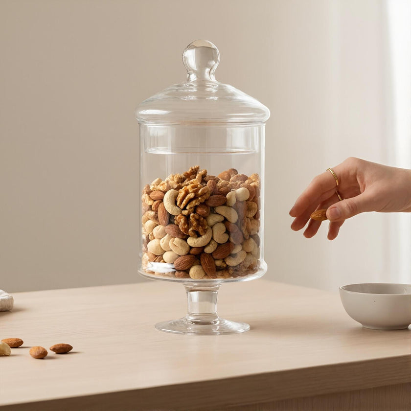 Serrana Glass Silo bonboneira 33cm — tall glass jar with fitted lid, 33cm x 14.5cm, for candies nuts and fillers