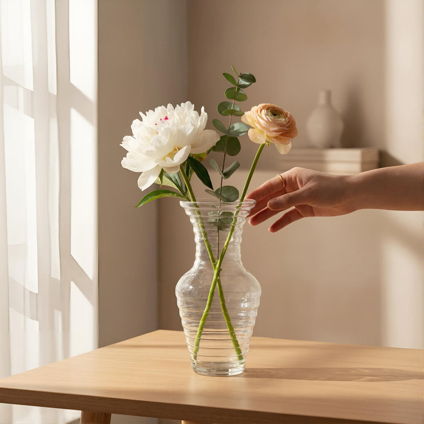 Serrana Glass Orta handmade vase 26cm — tapered ribbed handmade clear glass, 26cm x 12cm, for floral arrangements