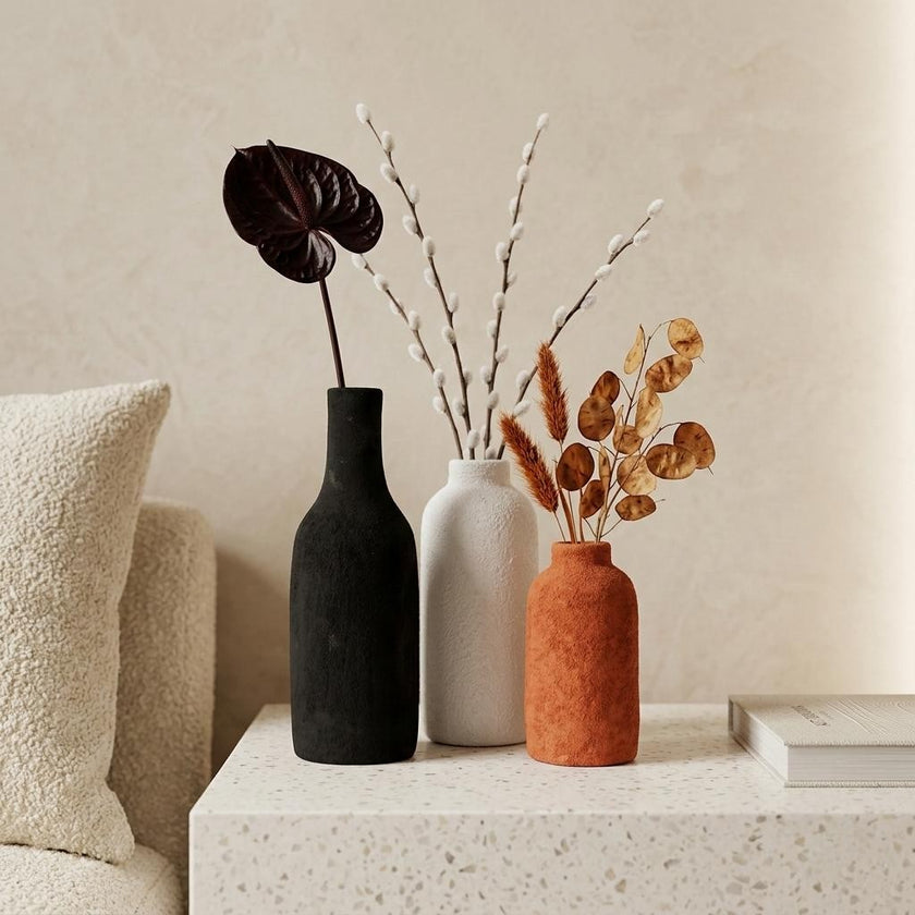 Serrana Glass Minimalist Textured Pottery Bottle Vases — unglazed matte pottery for dried botanicals and shelf decor