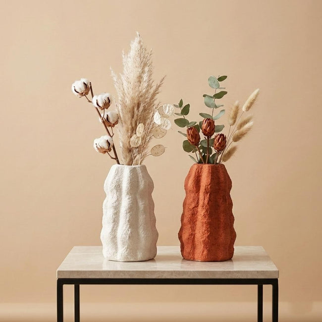 Serrana Glass Organic Wavy Textured Pottery Vases — ribbed wavy unglazed pottery for dried floral arrangements