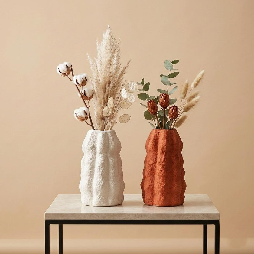 Serrana Glass Organic Wavy Textured Pottery Vases — ribbed wavy unglazed pottery for dried floral arrangements