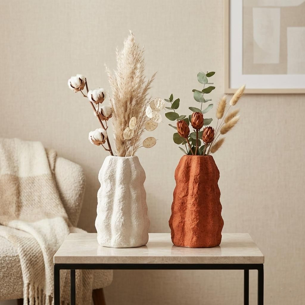 Serrana Glass Organic Wavy Textured Pottery Vases — ribbed wavy unglazed pottery for dried floral arrangements