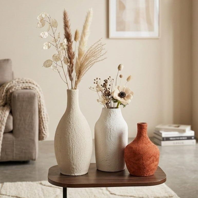 Serrana Glass Organic Textured Pottery Vase Trio — artisanal rough unglazed pottery for minimalist floral design