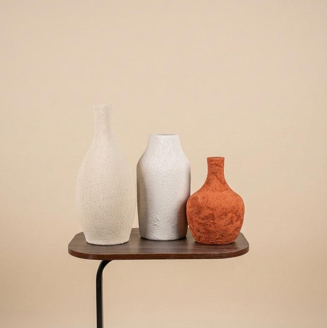 Serrana Glass Organic Textured Pottery Vase Trio — artisanal rough unglazed pottery for minimalist floral design