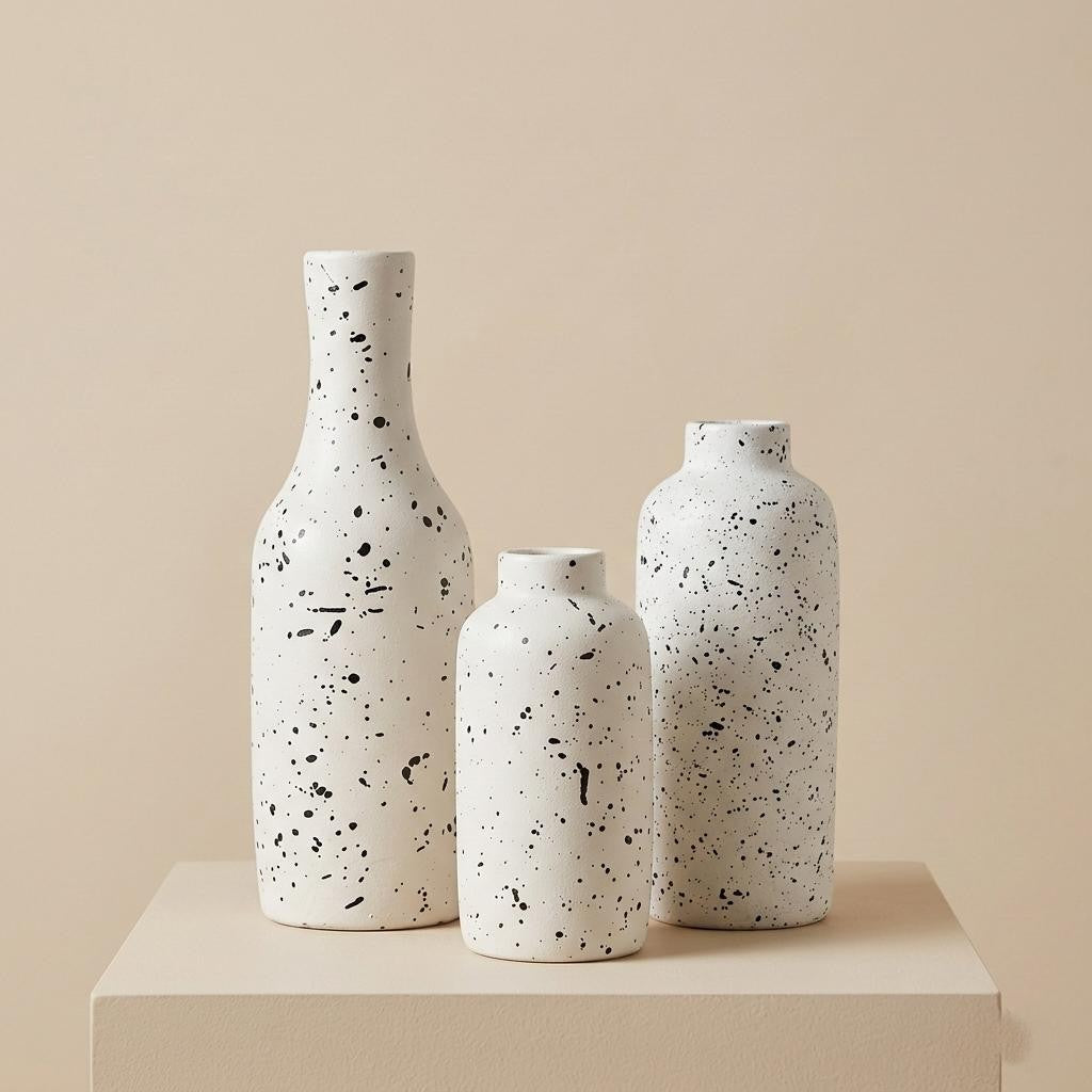 Serrana Glass Speckled Monochrome Pottery Vase set — white pottery with black splatter pattern for shelf display